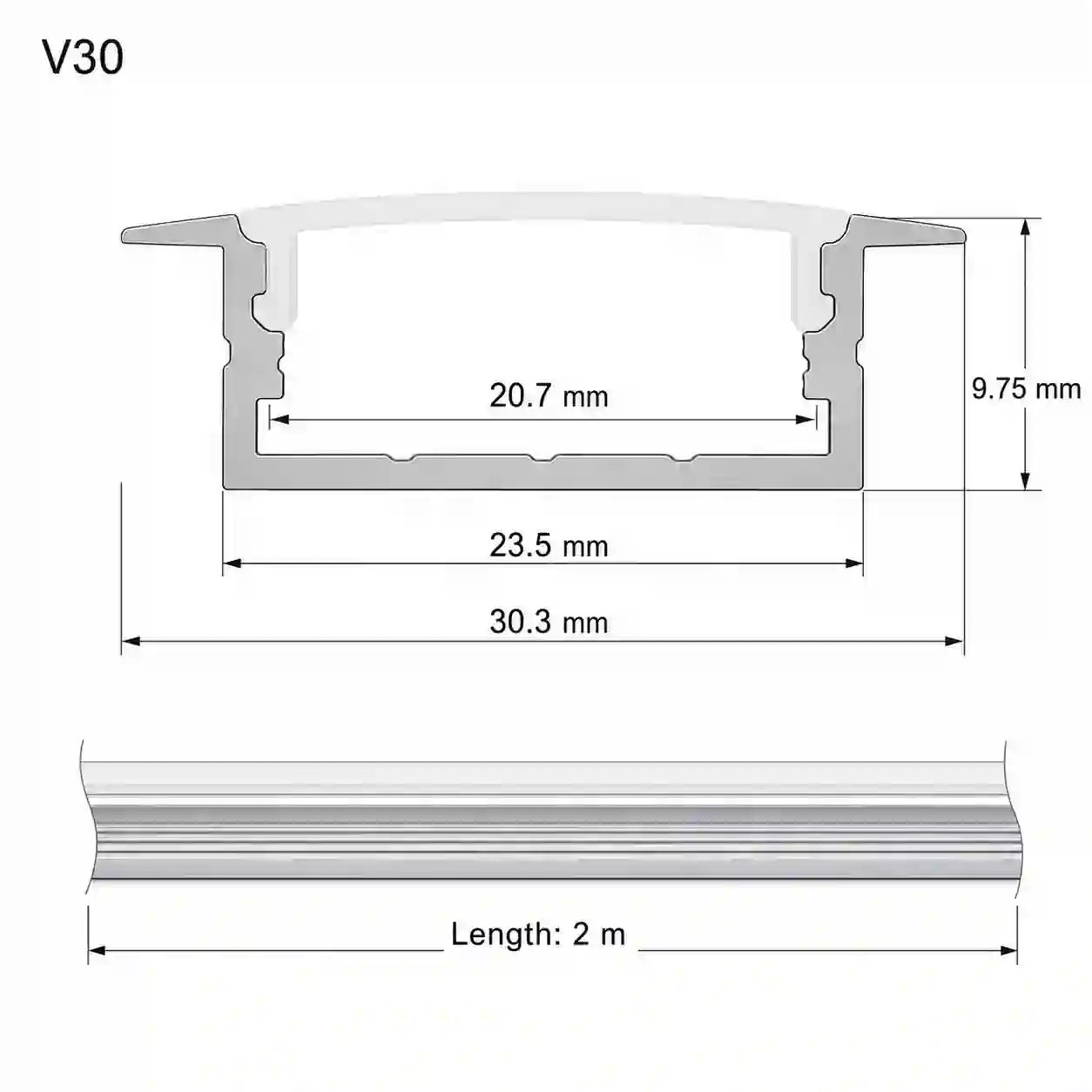 Pohled z čela profilu V30 stříbrný vestavný LED profil šíře 30,3mm výška 9,75mm bez difuzoru délka 2m